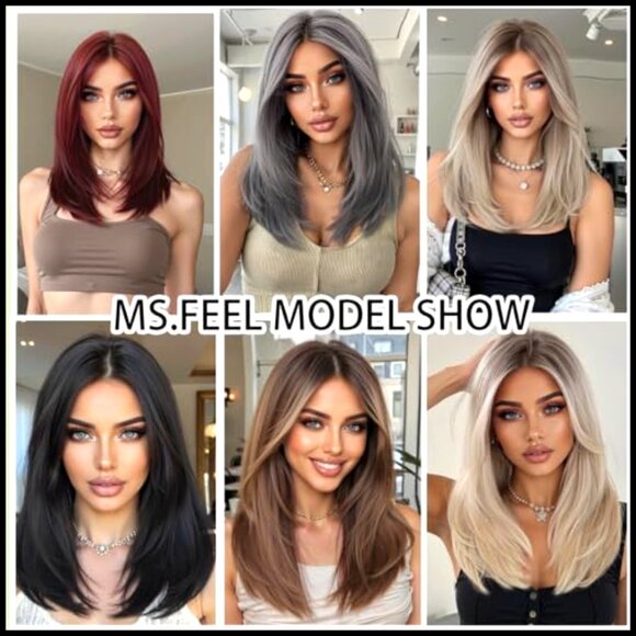 Layered Glueless Straight Wig with Bangs Heat Resistant Synthetic Party Wear main image 5